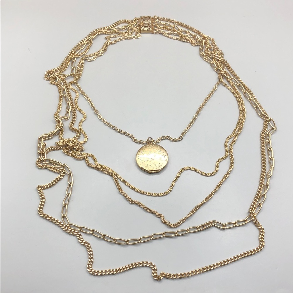 Vintage Citation Multi Layer Gold Tone Chain Necklace Locket Pendant Dressy Look - Picture 2 of 9